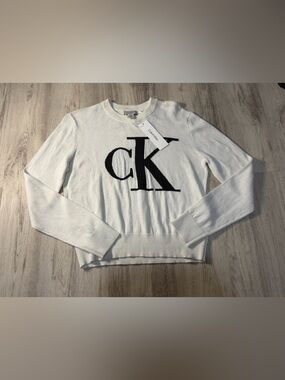 Calvin Klein White Crewneck Sweater with Black CK Monogram